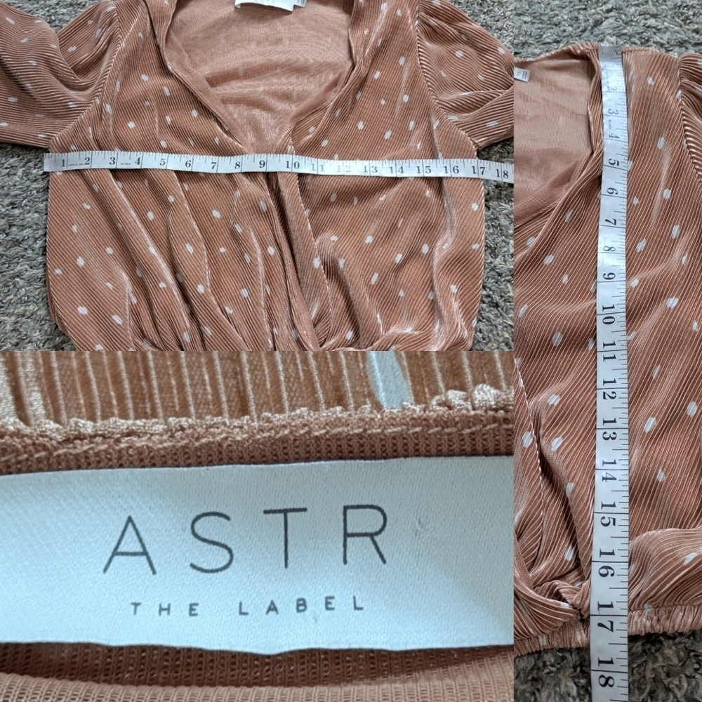 ASTR Tan White Polka Dot V Neck Faux Wrap Long Sleeve Crop Top Blouse XS - Picture 8 of 8